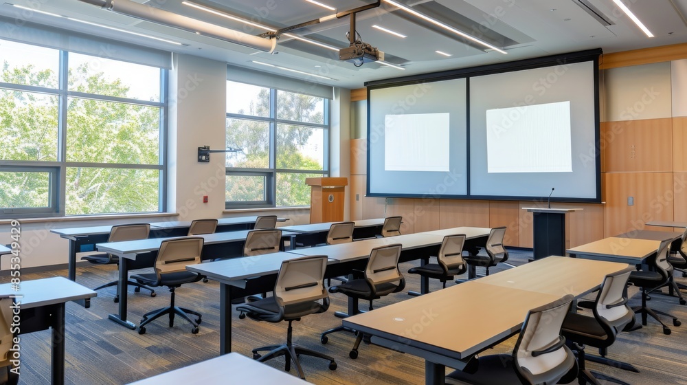 Poster a large classroom with rows of desks and chairs set up for a lecture or presentation. a projector sc