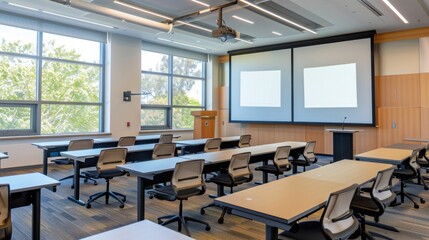A large classroom with rows of desks and chairs set up for a lecture or presentation. A projector screen hangs at the front of the room. Sunlight streams through large windows.