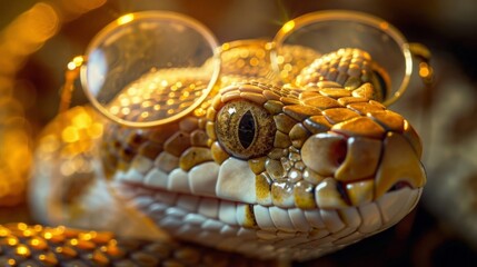 Obraz premium Fascinating Close-Up of a Giant Rattlesnake with Gold and White Scales, Wearing Glasses