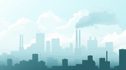 Fototapeta premium Flat illustration of air pollution, Silhouette of an industrial city skyline with smoke in the morning.