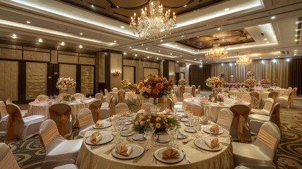 A beautifully decorated wedding reception in a grand hotel ballroom. Tables are set with white linens and floral centerpieces. The room is decorated with chandeliers and elegant drapery.