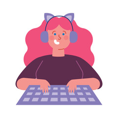 girl gamer with cat ears headset sits with keyboard