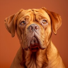 Fototapeta premium Dogue de Bordeaux dog on minimalistic colorful background with Copy Space. Perfect for banners, veterinary ads, pet food promotions, and minimalist designs.
