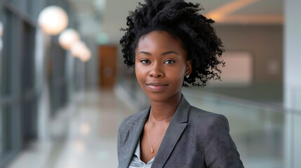 Fototapeta premium Modern Office Headshot: Young Black Businesswoman in Professional Attire
