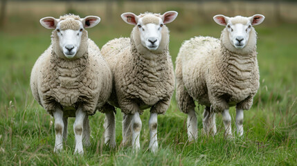 Fototapeta premium Three fluffy sheep standing together in a lush green field, facing forward with a curious expression.