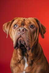 Obraz premium Dogue de Bordeaux dog on minimalistic colorful background with Copy Space. Perfect for banners, veterinary ads, pet food promotions, and minimalist designs.