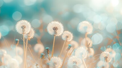 Bright Field of Dandelions in a Blurred Flower Meadow with Soft Focus Background