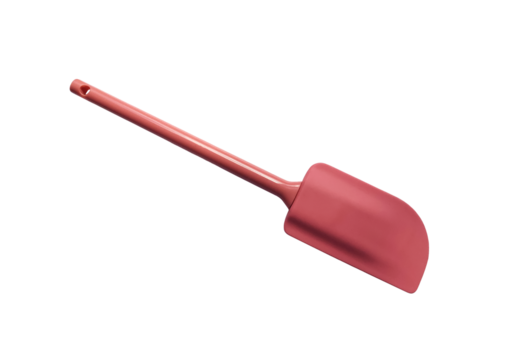 Pink kitchen spatula accessory made of soft silicone material, useful heat-resistant kitchenware cooking or baking appliances, modern trendy equipment, isolated image, clipping path, soft focus