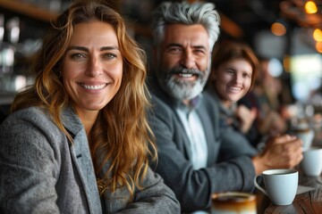 Fototapeta premium Smiling Group of Friends Enjoying Coffee Together in a Cafe