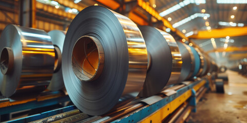 Fototapeta premium A factory's industrial steel coil production line, showcasing large steel rolls and advanced manufacturing machinery.