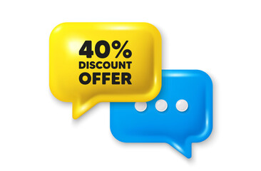 40 percent discount tag. Chat speech bubble 3d icon. Sale offer price sign. Special offer symbol. Discount chat offer. Speech bubble banner. Text box balloon. Vector
