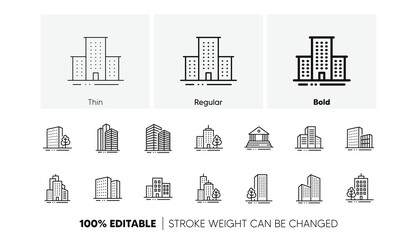 Bank, Hotel, Courthouse. Buildings line icons. City, Real estate, Architecture buildings icons. Hospital, town house, museum. Urban architecture, city skyscraper. Linear set. Line icons set. Vector