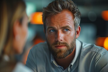Man With Blue Eyes Looking at Woman in Blurred Background