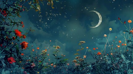 Naklejka premium Mystical Night Garden with Flowers and Moon