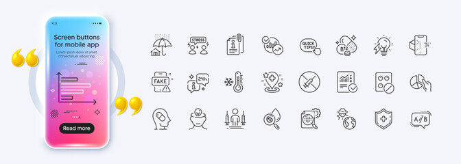 Quick tips, Augmented reality and Low thermometer line icons for web app. Phone mockup gradient screen. Pack of Coronavirus injections, Medical tablet, Difficult stress pictogram icons. Vector