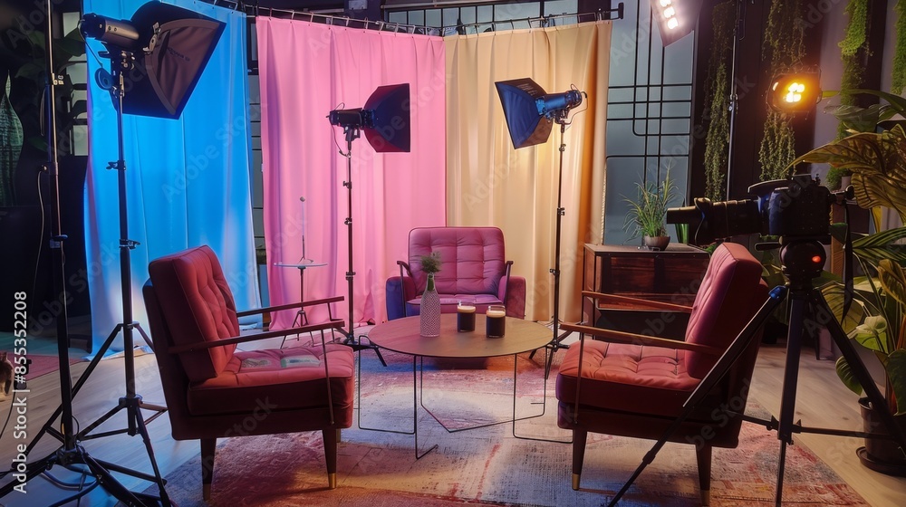 Poster a studio setup with two chairs facing each other, a coffee table, and colorful backdrops. there are 