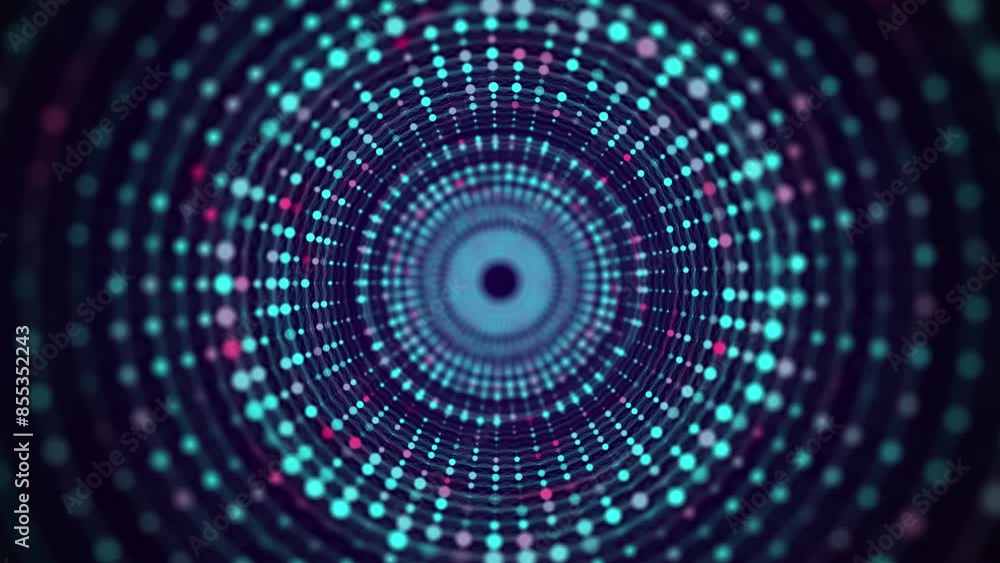 Poster cyber tunnel consisting of moving glowing points. futuristic infinite space background. concept of d