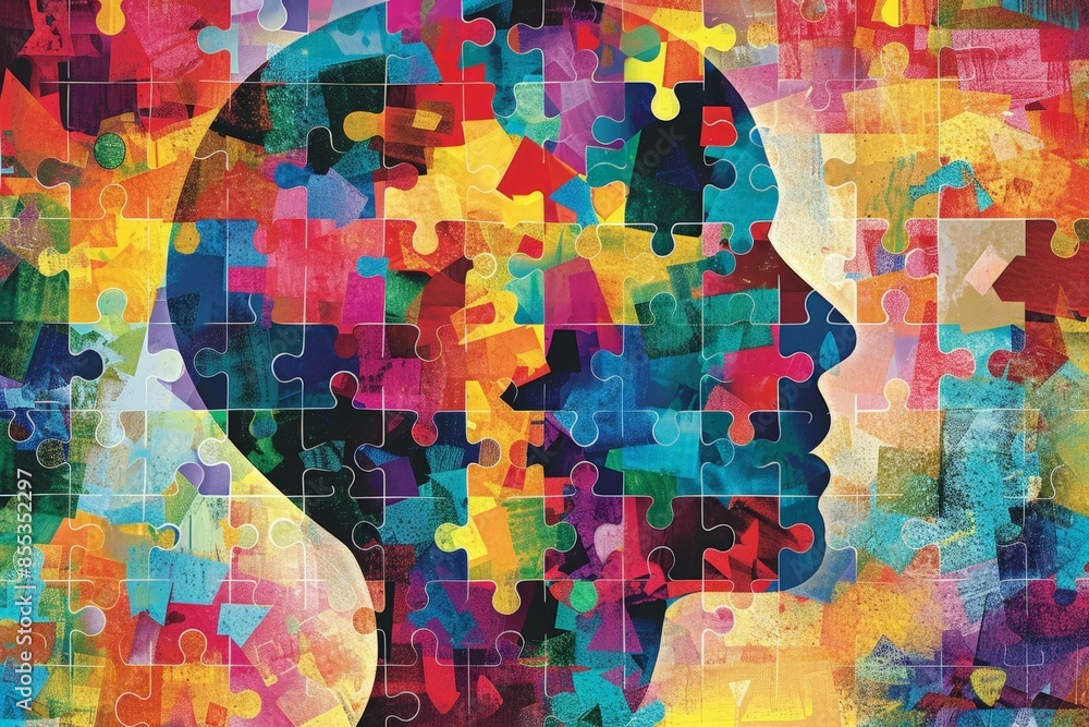 Poster Vivid Puzzle Art with a Colorful Brain and Abstract Patterns, Promoting Creativity and Problem Solving