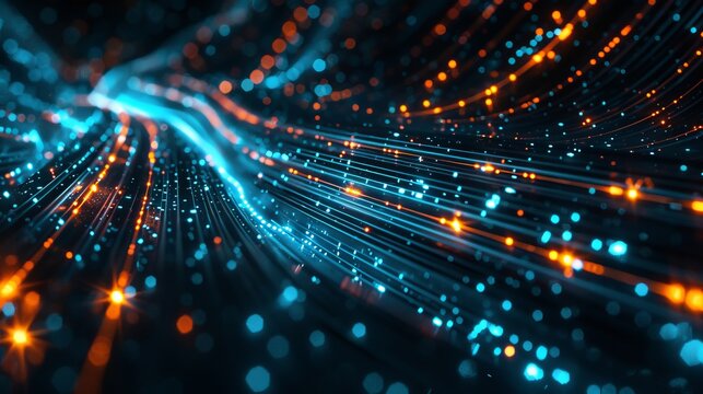 Abstract glowing fiber optic cables with blue and orange lights