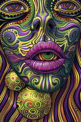 Fototapeta premium Psychedelic lips against zebra stripes with spheres, surrealist pop digital painting in neon lights