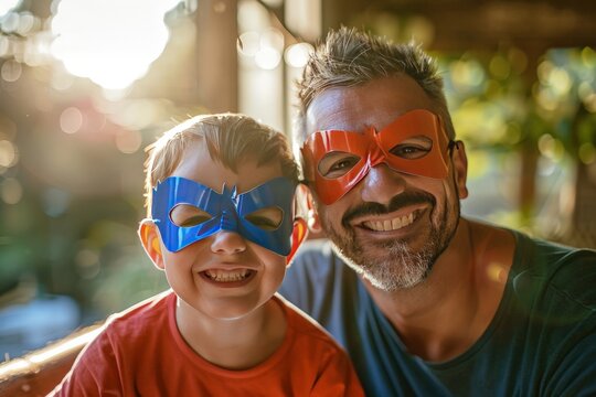 Family Fun: A Father and Son in Superhero Costumes