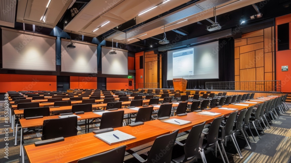 Poster a large conference room with rows of tables and chairs set up for a meeting or presentation. there a