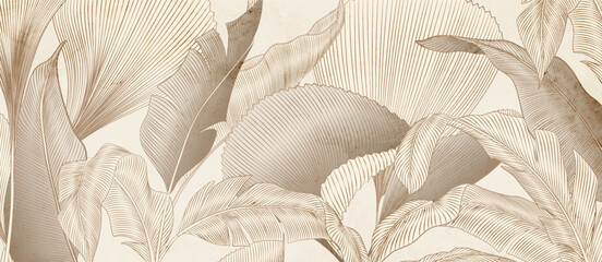 Abstract botanical art background with tropical leaves in line style in brown and beige colors. Luxury banner with exotic plants for decoration, print, wallpaper, textile, packaging.