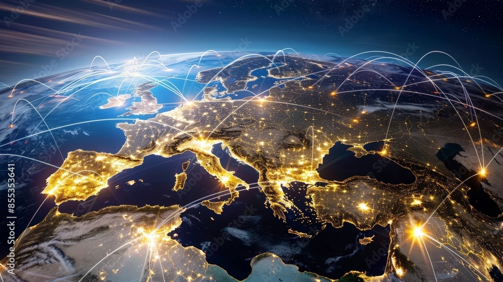 Poster global network: interconnected world with advanced technologies, european union countries map overla