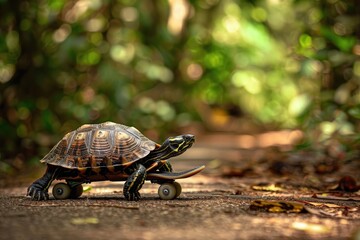 Obraz premium Playful Turtle Riding on Skateboard, Forest Path Adventure