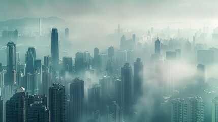 Mystical Foggy Cityscape: Futuristic Skyline Amidst Low Hanging Clouds