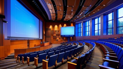 Obraz premium An empty auditorium with blue seats and two large screens at the front. The room features a wooden ceiling and large windows.
