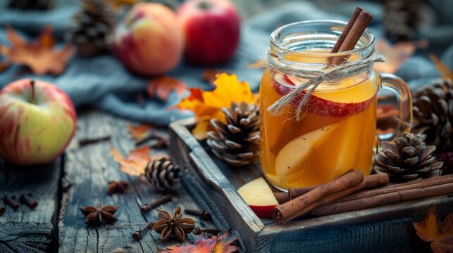 A mason jar filled with apple cider and cinnamon sticks is sitting on a rustic wooden table surrounded by fall decor