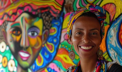 Vibrant Art Gallery: Multicultural Woman with a Warm Smile in Front of Colorful Wall Mural