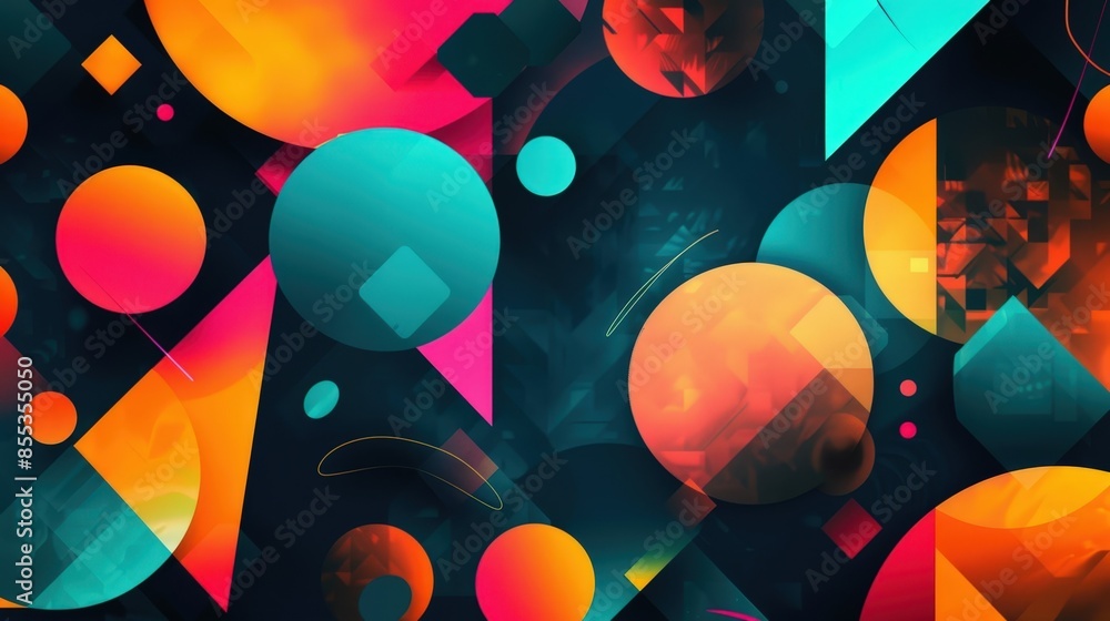 Poster vibrant abstract digital art with colorful circles and geometric patterns on a dark background, perf