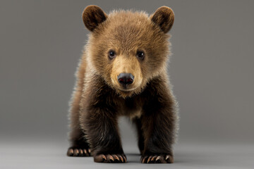 Full shot of brown baby bear looking at the camera on a gray studio background