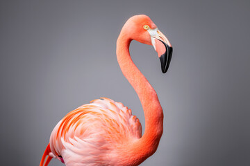 Medium shot pink flamingo on gray studio background side view