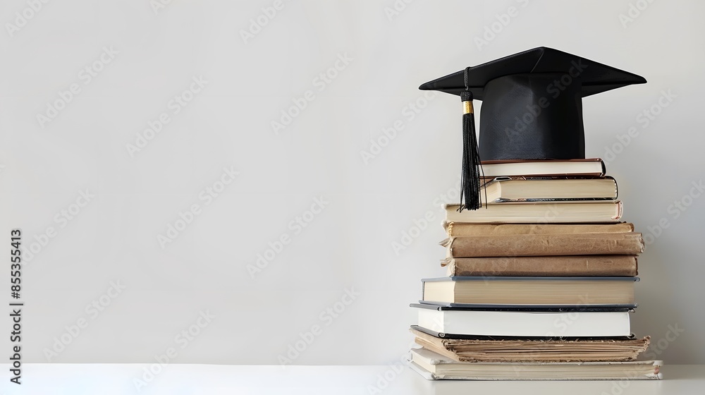Wall mural Graduation day.A mortarboard and graduation scroll on stack of books with blue background.Education learning concept.
 - Wall murals