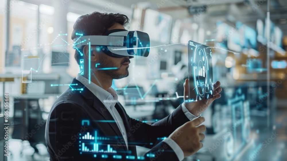 Aufkleber a man wearing a suit and glasses is playing a video game using a virtual reality headset. he is focu