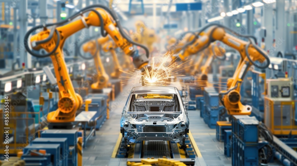Poster a car is being built in a factory with robots. scene is industrial and mechanical