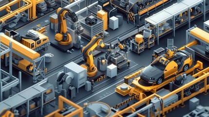 A futuristic city with a lot of machinery and robots. Scene is industrial and technological