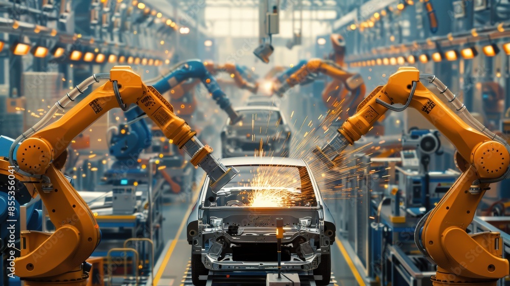 Poster a car is being built in a factory with robots. scene is industrial and mechanical