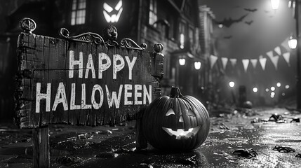 “HAPPY HALLOWEEN” sign - spooky - scary - holiday decorations - black and white photo - horror movie - retro feel - vintage look 
