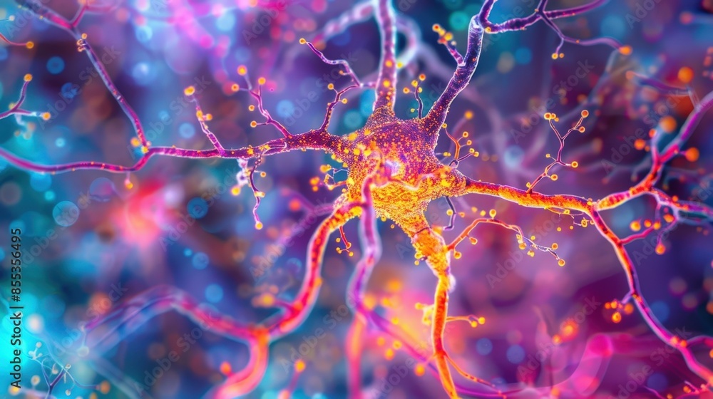 Poster vibrant neuron network with colorful brain synapses