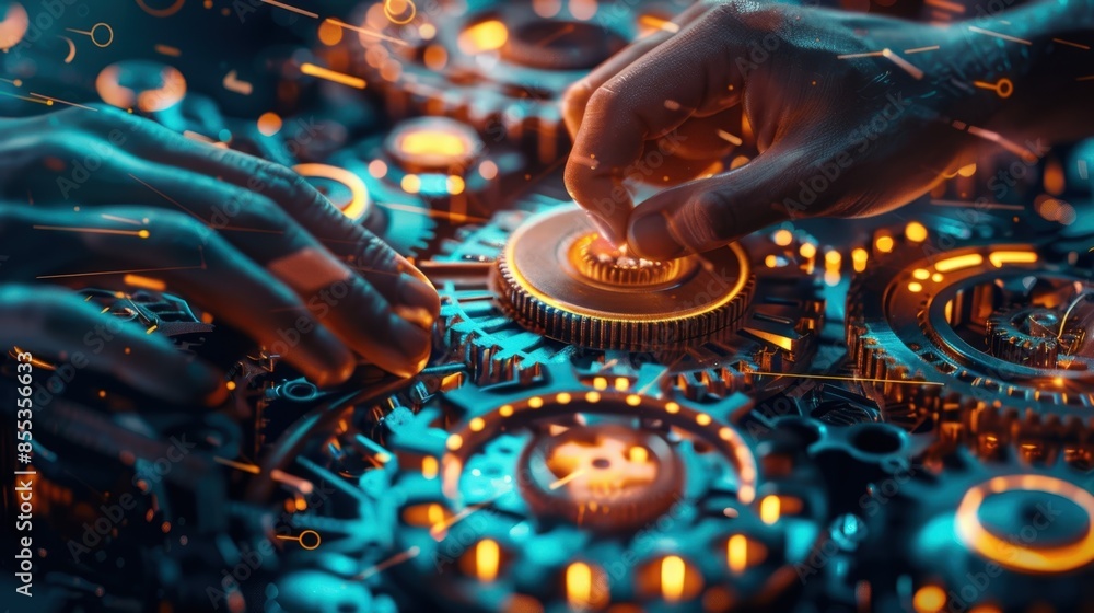 Poster technology innovation: hands working on a high-tech gear system with gears and circuit boards
