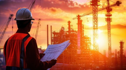A man wearing a hard hat and orange vest is looking at a drawing of a construction site.