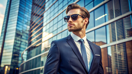 Fototapeta premium Stylish man in front of business center. Generative Ai