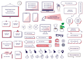 パソコン　タブット　スマートフォン　メモ帳　ファイル　PC　吹き出し　オフィスのインテリアのフレームセット	
