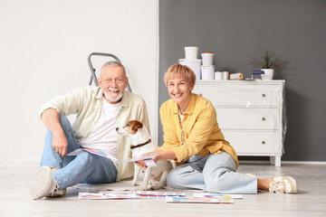 Mature couple with paint color palettes and dog during repair in their new house