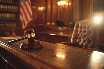 Obraz premium Professional Courtroom Interior with American Gavel and Flag on Desk