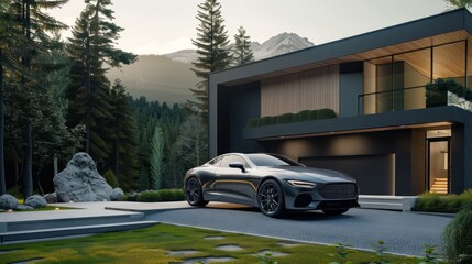 Modern cottage with luxury car in front